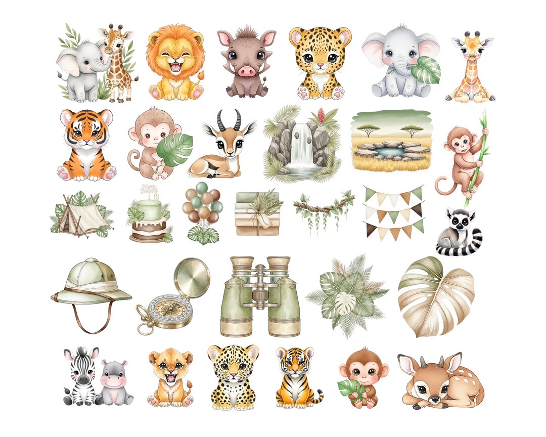 Safari Animals Watercolor Clipart, Cute Safari Clipart, Jungle Zoo PNG ...