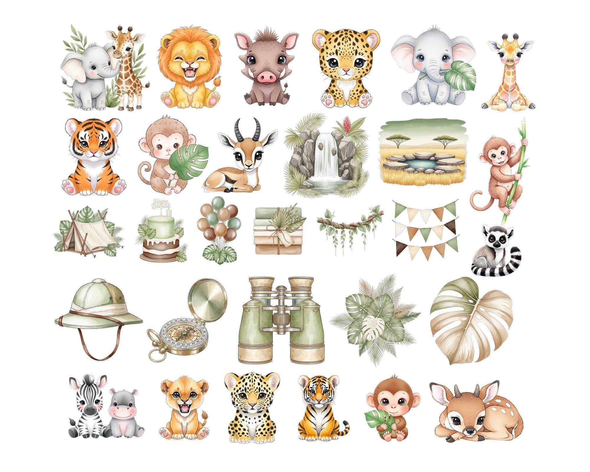 Safari Animals Watercolor Clipart, Cute Safari Clipart, Jungle Zoo PNG ...