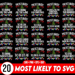Puede incluir: Un fondo negro con 20 frases diferentes de temática navideña "Most Likely To". Cada frase está rodeada de una cadena de luces navideñas de colores y un árbol de Navidad. El texto "20 Most Likely To SVG" está en la parte inferior de la imagen.