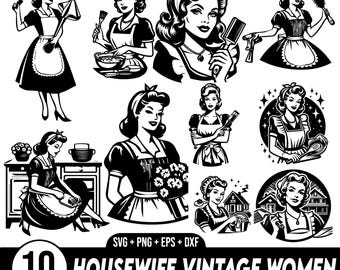 Paquete de ama de casa retro vintage Svg, paquete de mujer vintage Svg, clipart de ama de casa retro, personajes atómicos de los años 50, moda, silueta de niña