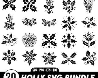 May include: A set of 20 black and white holly SVG designs. The designs feature various styles of holly leaves, berries, and other festive elements.  The text "20 HOLLY SVG BUNDLE" is at the bottom of the image.