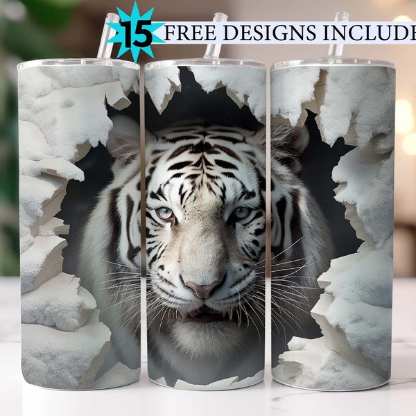 3D Hole In A Wall White Tiger 20 oz Skinny Tumbler Sublimation Design, Straight And Tapered Tumbler Wrap, Instant Digital Download PNG