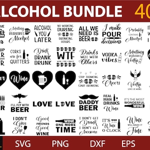 May include: A black and white graphic design bundle of 40 alcohol-themed designs. The designs feature various sayings and phrases related to drinking beer and wine, such as "Save Water Drink Beer", "I'll Fly With Beer", "Wine Will Make It Fine", and "Good Friends Good Wine".