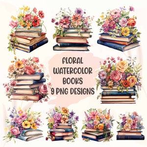 Floral Books PNG Clipart, Sublimation Watercolor, Wildflower Books Clipart Book Flowers Clipart, Bookshelf Clipart Booklover Clipart