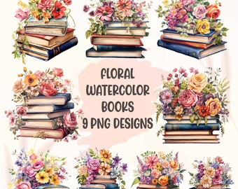 Floral Books PNG Clipart, Sublimation Watercolor, Wildflower Books Clipart Book Flowers Clipart, Bookshelf Clipart Booklover Clipart