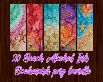 Alcohol Ink Beach Bookmark Png bundle, Summer Beach Printable Bookmark, Sea Shells Bookmark, Starfish Bookmark png, Book Lover png