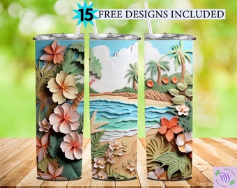 3D Geschnitzte Tropical Beach Life Palme 20 oz Skinny Becher Sublimation Design, digitaler Download PNG, gerade & konisch Tumbler Wrap PNG