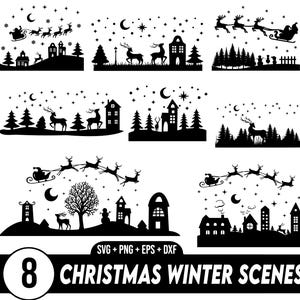 Winter-Weihnachtsszene SVG, Winterszene SVG, Magische Weihnachtsszene, Santa Rentier SVG, Weihnachts-Svg-Bundle, Hirsch SVG, Kiefer Baum SVG