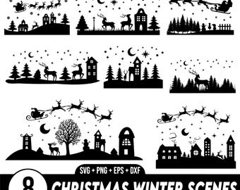 May include: Eight black and white silhouette illustrations of winter scenes with Christmas themes. Each scene features a snowy landscape with houses, trees, and a variety of Christmas elements, including Santa Claus, reindeer, and stars.