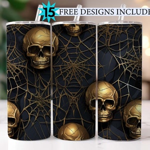 3D Golden Skull Seamless Pattern 20 oz Skinny Tumbler Sublimation Design, Straight Seamless Tumbler Wrap, Instant Digital Download PNG