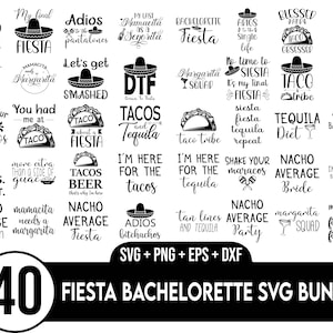 Op de afbeelding: Een zwart-wit grafisch ontwerppakket met 40 SVG-bestanden voor een vrijgezellenfeest. De ontwerpen bevatten zinnen als "Nacho Average Bride", "Taco Tribe", "Tequila Diet" en "Fiesta".