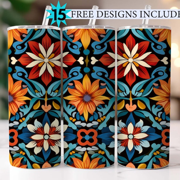 Mexico 20 oz skinny tumbler sublimation design Flower Mexican floral national digital PNG Straight wrap Waterslide download