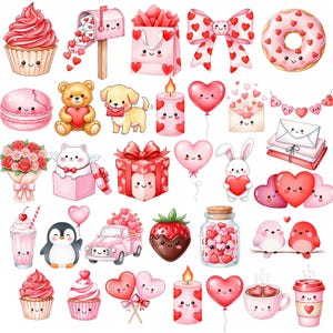 May include: A collection of Valentine's Day themed illustrations. Includes cupcakes, a mailbox, gift bags, a bow, a donut, macarons, teddy bears, puppies, candles, bouquets, a cat, a gift box, balloons, a bunny, hearts, a milkshake, a penguin, a truck, a strawberry, a jar, birds, and coffee.