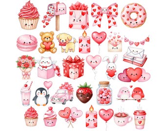 May include: A collection of Valentine's Day themed illustrations. Includes cupcakes, a mailbox, gift bags, a bow, a donut, macarons, teddy bears, puppies, candles, bouquets, a cat, a gift box, balloons, a bunny, hearts, a milkshake, a penguin, a truck, a strawberry, a jar, birds, and coffee.