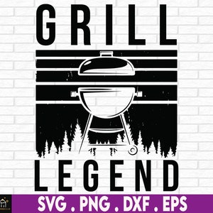May include: Black and white graphic design with the text "Grill Legend" and a silhouette of a grill with trees in the background.