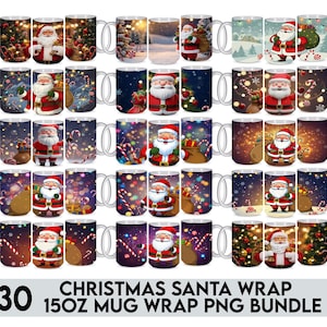 以下が含まれることがあります： クリスマスをテーマにしたデザインのセラミックマグカップ30個セット。各マグカップにはサンタクロース、クリスマスツリー、お祝いのパターンが描かれています。マグカップは443 mlで、PNGバンドルの一部です。
