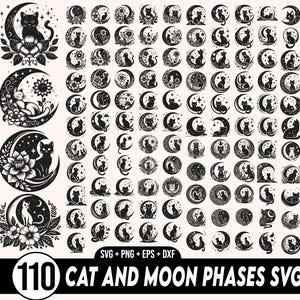 Chat et phases de la lune Svg Bundle, chat mystique et lune, clipart chat, chat coupe fichier, chat noir svg, svg design chat, lot de chat, chat Silhouette Svg