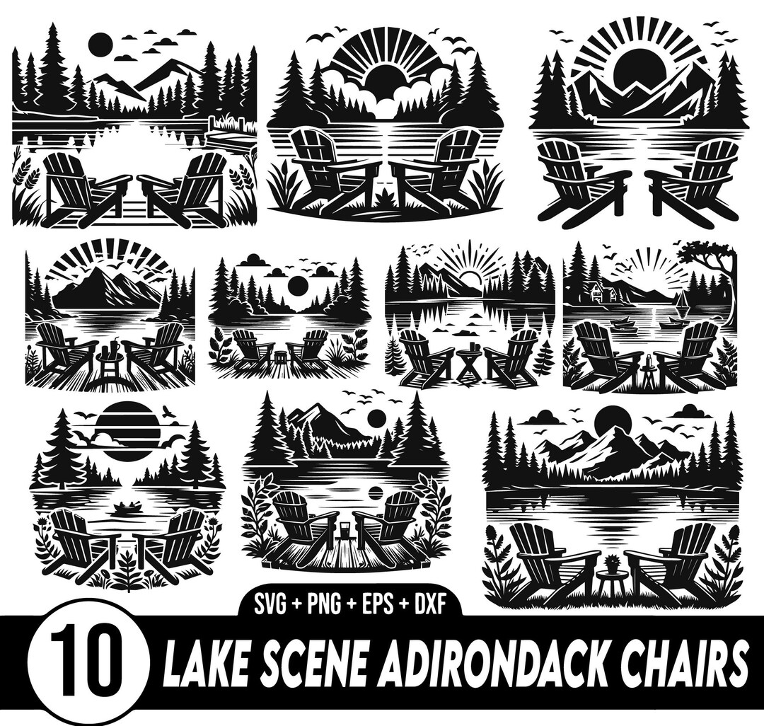 Lake Scene With Adirondack Chairs SVG Bundle, Beach Chair Svg, Lounge ...