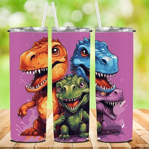 T rex dinossauros crianças desenho animado 20 oz Skinny Tumbler Sublimation Design, Dino Straight & Tapered Tumbler Wrap PNG, Baby Dinosaurs