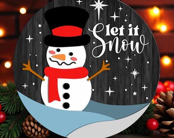 Tabliczka na drzwi „Let It Snow” w formacie SVG, zawieszka na drzwi w formacie SVG, pliki wycinane laserowo, tabliczka „Bałwan” w formacie SVG, tabliczka „Wesołych Świąt” w formacie SVG, bałwan i płatki śniegu