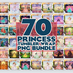 70 emballages de gobelet princesse png, ensemble de princesse png, ensemble de gobelet d'emballage, lot de gobelet princesse skinny 20 oz, gobelet floral princesse dessin animé
