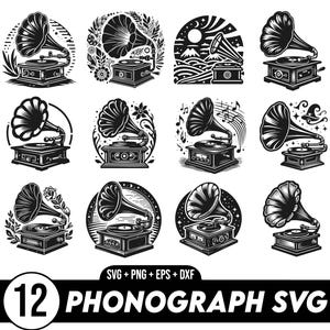 Pacchetto SVG di fonografo, Silhouette di fonografo, Grammofono con altoparlante a tromba Svg, Grammofono Svg, Giradischi Svg, Musica Svg
