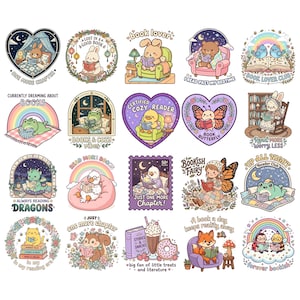 May include: A collection of colorful, whimsical illustrations featuring various animals reading books. Each design includes text such as "Book Lover," "Just One More Chapter," and "Always Reading Dragons." The illustrations are in a cartoon style.