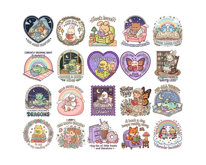 May include: A collection of colorful, whimsical illustrations featuring various animals reading books. Each design includes text such as "Book Lover," "Just One More Chapter," and "Always Reading Dragons." The illustrations are in a cartoon style.