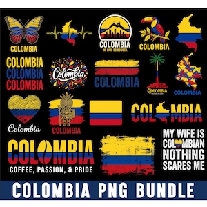 Puede incluir: Un paquete de gráficos digitales con varias ilustraciones temáticas de Colombia, incluyendo mapas, banderas, una mariposa, un tucán y elementos de texto como Colombia, Coffee, Passion, & Pride y My Wife Is Colombian Nothing Scares Me.