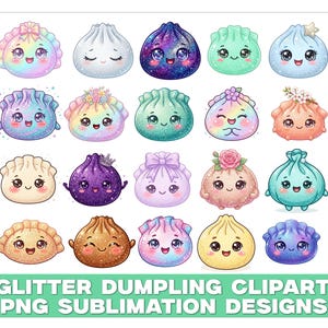 Glitter Dumpling Clipart Bundle, Kawaii Dumpling PNG, Cute Food Clipart,Rainbow Glitter Dumplings,Dumpling Clip Art, Sparkly Food Characters