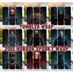 10 Horror Characters Tumbler Wrap Bundle, Cartoon Horror 20oz Skinny Tumbler, Horror Png Sublimation, Horror Themed png, Horror Movie png