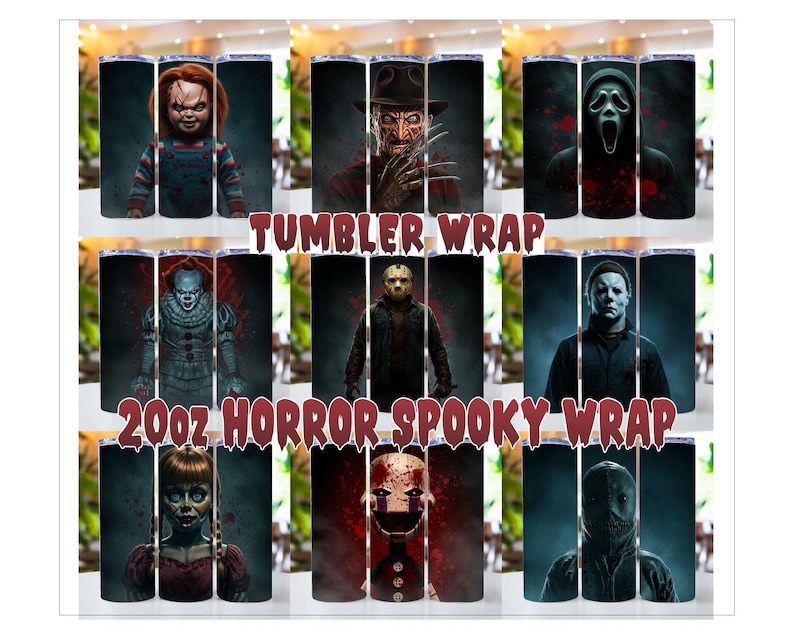 10 Horror Characters Tumbler Wrap Bundle, Cartoon Horror 20oz Skinny ...