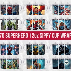 Superhero 12oz Kids Tumbler Wraps Bundle, Sippy Cup Bundle Wraps, Cartoon Sippy Cup Png, Cartoon Characters Sippy Cup Wrap, Comic Superhero