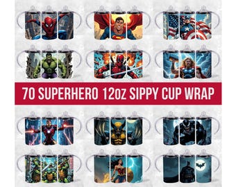 Superhero 12oz Kids Tumbler Wraps Bundle, Sippy Cup Bundle Wraps, Cartoon Sippy Cup Png, Cartoon Characters Sippy Cup Wrap, Comic Superhero