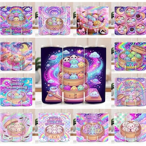 May include: A collection of twelve cylindrical tumblers featuring colourful illustrations of cartoon dumplings in bamboo steamers, rainbows, stars, and clouds. Several designs include the text You're a Glitter Dumpling in purple lettering.