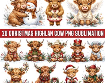 Christmas Highland Cow PNG Bundle, Watercolor Holiday Clipart, Festive Sublimation Designs, Christmas Highland Cow PNG: Christmas Clipart