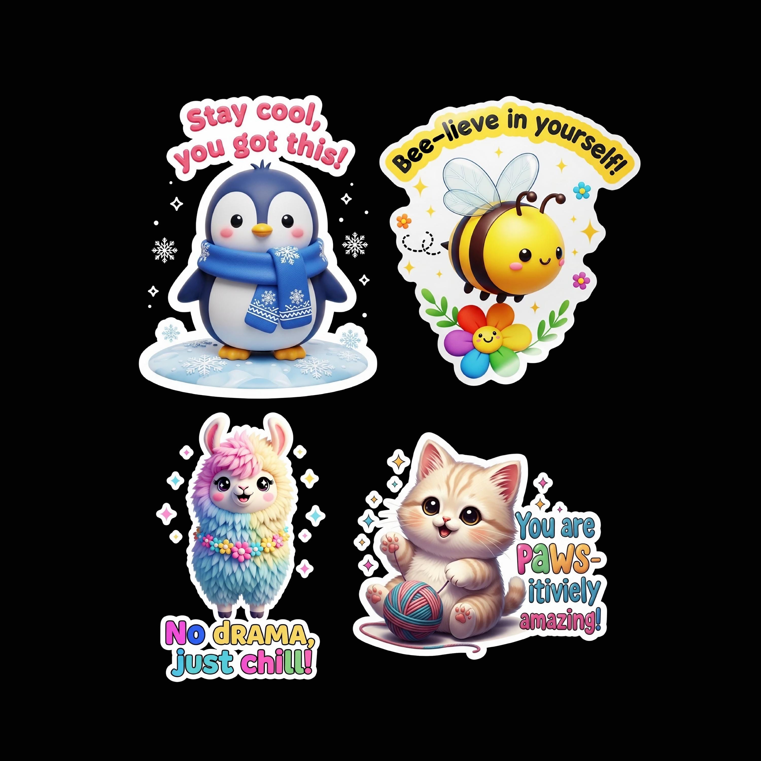 Cute Kawaii Animal Daily Affirmation PNG Bundle, Self Care Pun Sticker ...