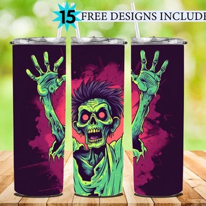 Peut inclure: Trois gobelets en acier inoxydable avec un motif graphique de zombie. Le motif représente un zombie vert aux yeux rouges sur un fond violet et noir.