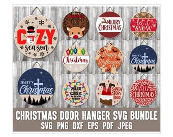 Christmas Door Hanger SVG Bundle, Winter Door Hanger Sign Svg, Glowforge Laser Cut Files, Farmhouse Holiday Signs, Festive Door Hanger Decor