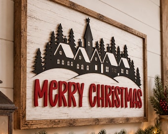Christmas Village SVG, Layered Winter House Sign, Layered Christmas Sign SVG, 3D Wood Sign Laser Cut File, Farmhouse Laser Cut File