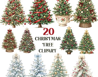 May include: A collection of 20 Christmas tree clipart illustrations featuring various evergreen trees decorated with red ribbons, gold ornaments, stars, and bows. Some trees are in baskets or teacups, while others feature snowy branches.