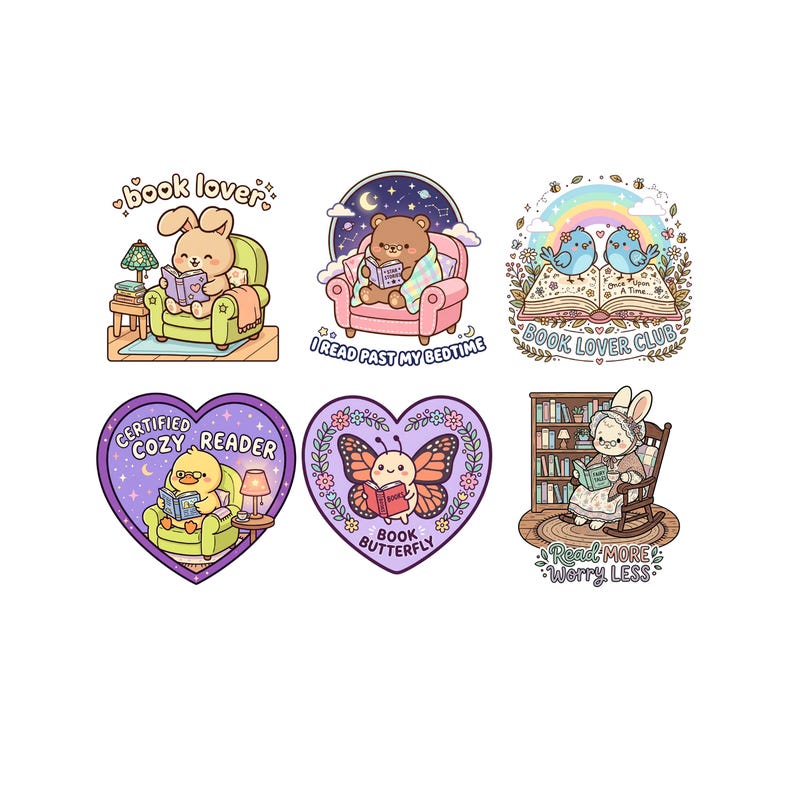 May include: A collection of six colorful stickers featuring cute cartoon animals reading books. The stickers include a bunny, bear, duck, butterfly, and two birds. Each sticker has text such as "book lover" and "Certified Cozy Reader".