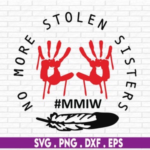 May include: Black and red graphic design with the text "No More Stolen Sisters" and "#MMIW". A black feather is at the bottom of the design.