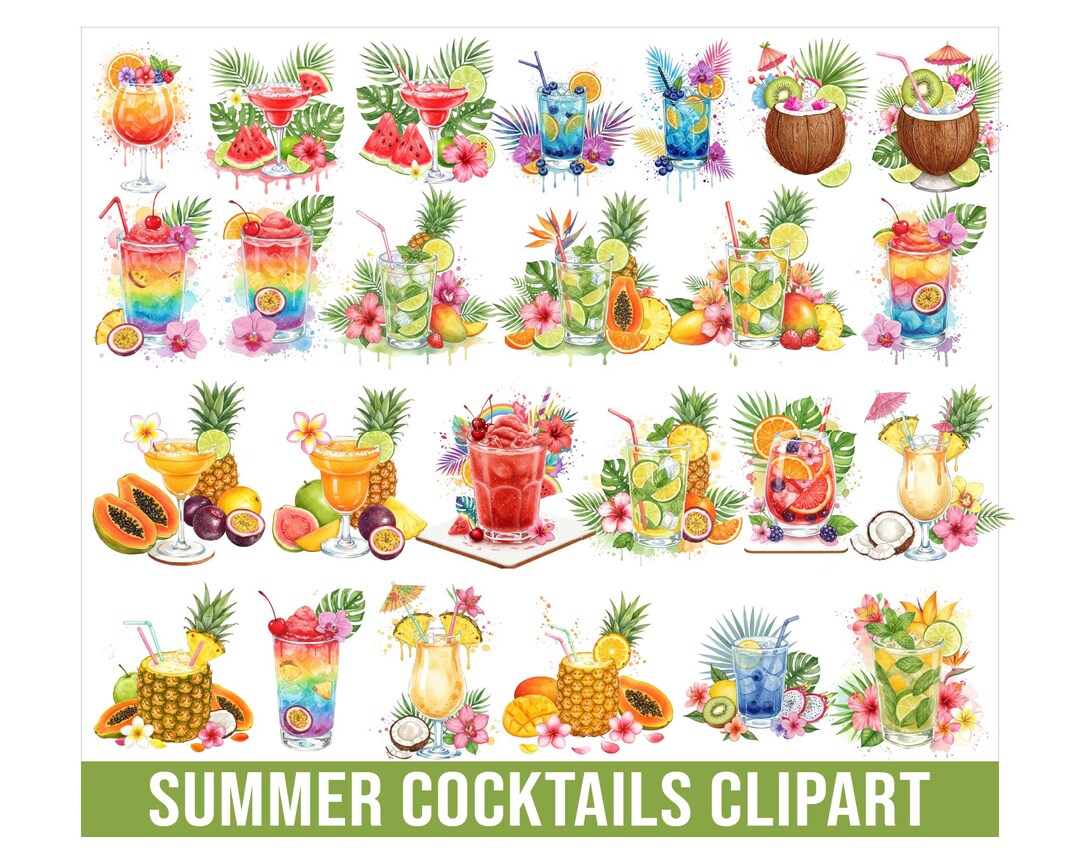 Watercolor Cocktail Clipart Bundle, Summer Cocktail, Beverage, Alcohol ...