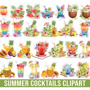 Watercolor Cocktail Clipart Bundle, Summer Cocktail, Beverage, Alcohol, Wedding Drinks, Bar Menu, Signature Cocktail, Cocktail Recipe PNG