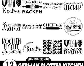Paquete de gráficos de cocina en formato Svg en alemán, archivo de gráficos de cocina en formato Svg en alemán, paquete de gráficos de cocina en formato Svg en alemán, chef Svg, refranes alemanes para cocina