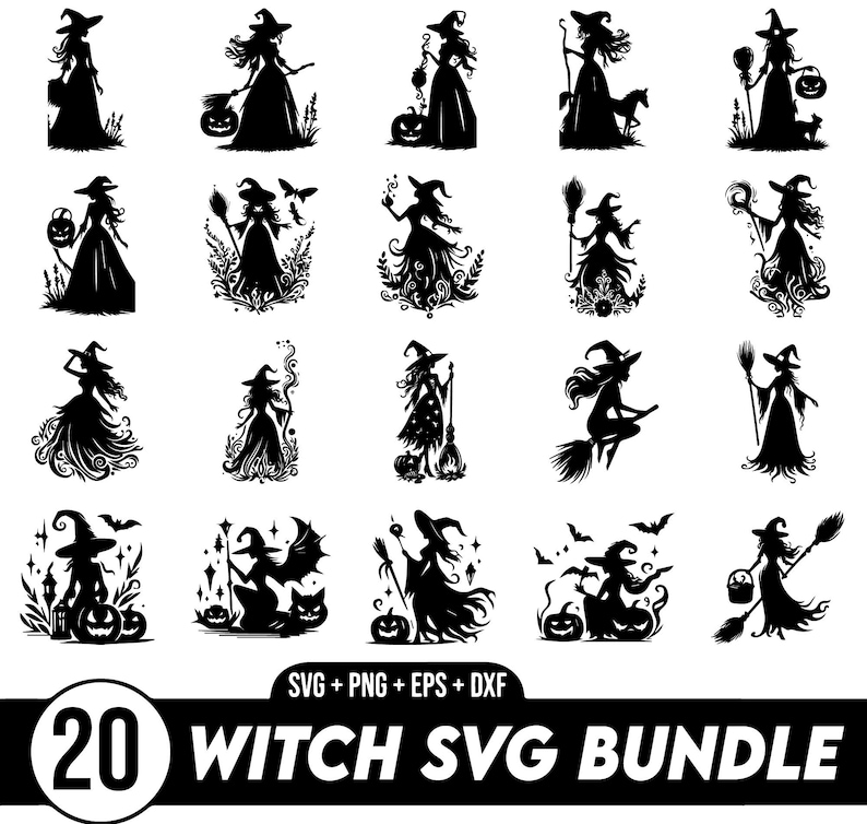 Pakiet czarownic Svg, Halloween Svg, Halloween Witch Svg, Clipart czarownicy, Pliki do cięcia czarownic dla Cricut, Sylwetka czarownicy, WITCH SVG zdjęcie 1