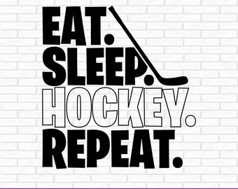 Sports Clipart: Black Words "Eat Sleep Hockey Repeat" w/ Female Silhouette. Players Teams Parents Coaches - Digital Download svg png dxf pdf