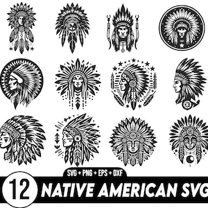 May include: Twelve black and white vector illustrations of Native American headdresses. The headdresses are in various styles, including traditional and modern. The illustrations are perfect for use in crafts, scrapbooking, and other creative projects.