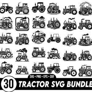 Puede incluir: Un conjunto de 30 archivos de corte SVG de tractores en blanco y negro. Los tractores están en varios estilos y poses, incluyendo algunos con humo saliendo del escape.